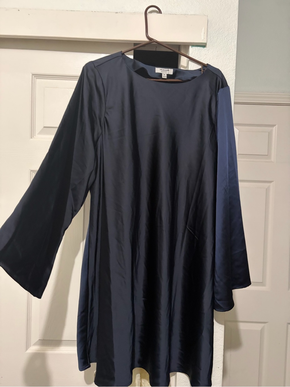 Navy Satin Long-Sleeve Shift Dress